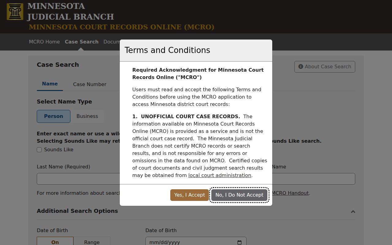 Goodhue County case lookup MCRO Case Search controls