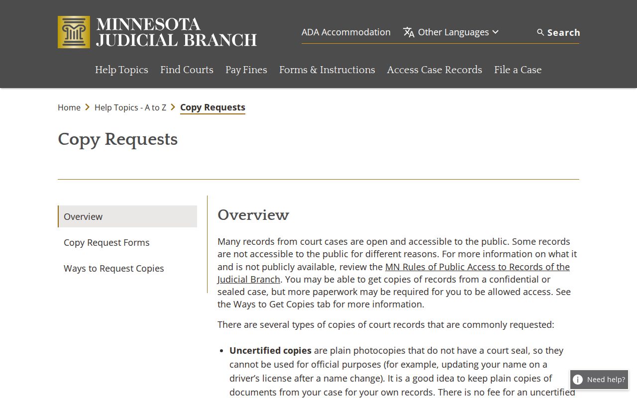 Goodhue County civil docket copy request information