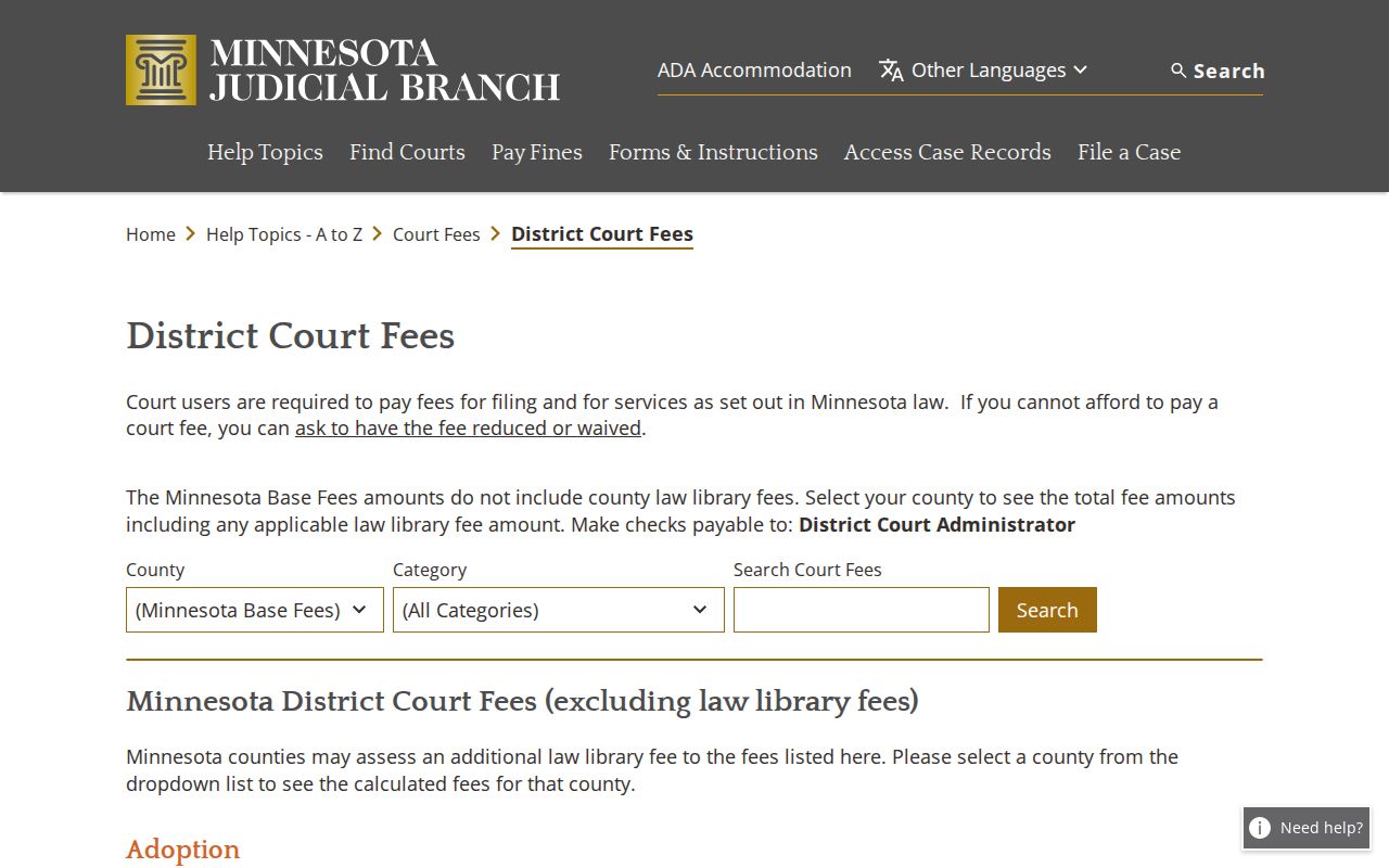 Goodhue County civil docket Minnesota district court fee schedule