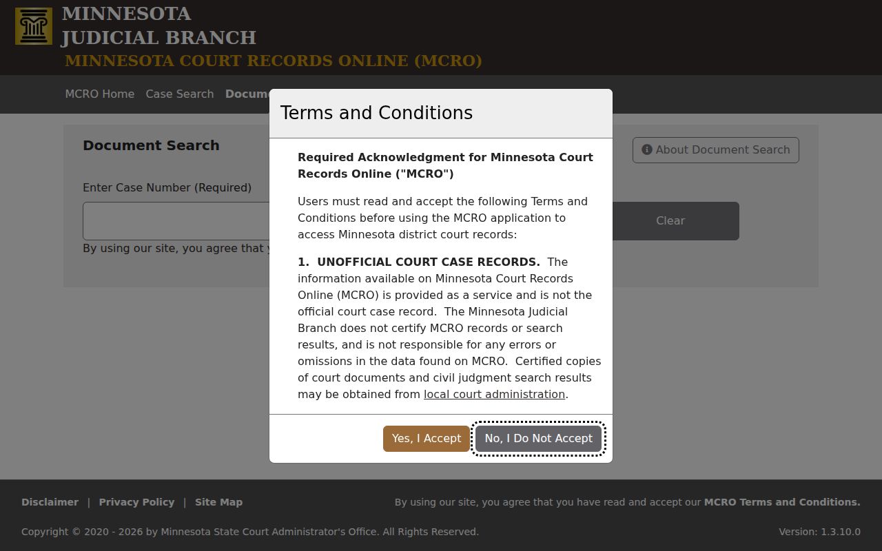 Goodhue County court records document search screen
