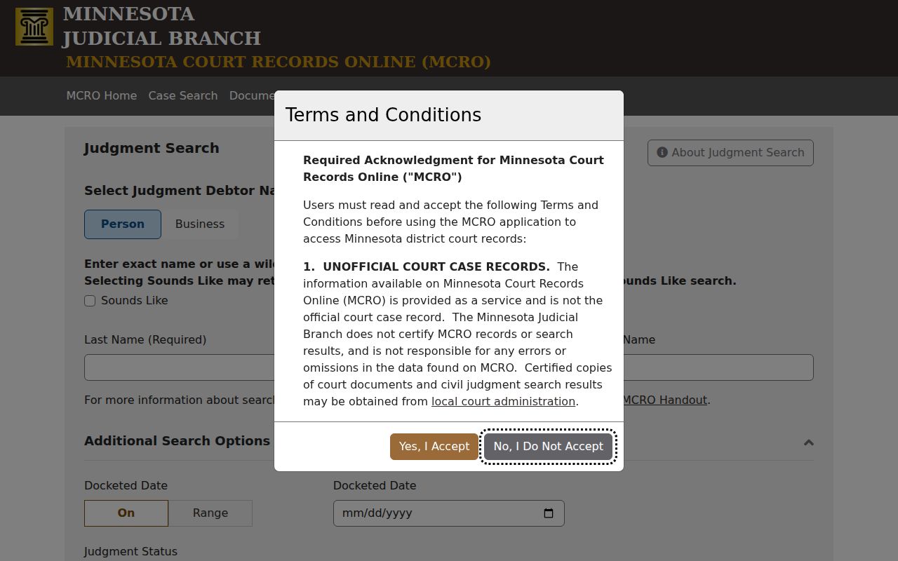 Goodhue County court records judgment search fields