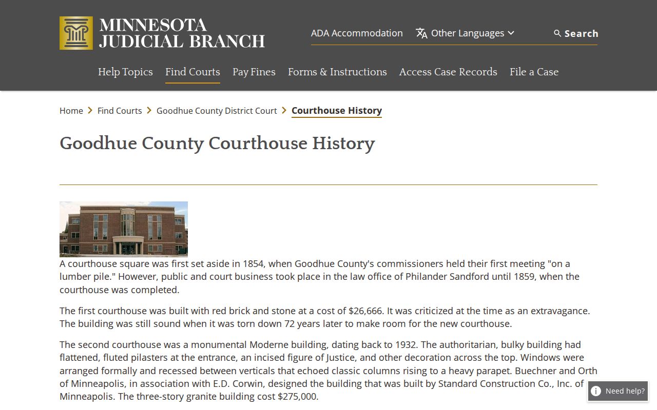 Goodhue County court docket courthouse history source