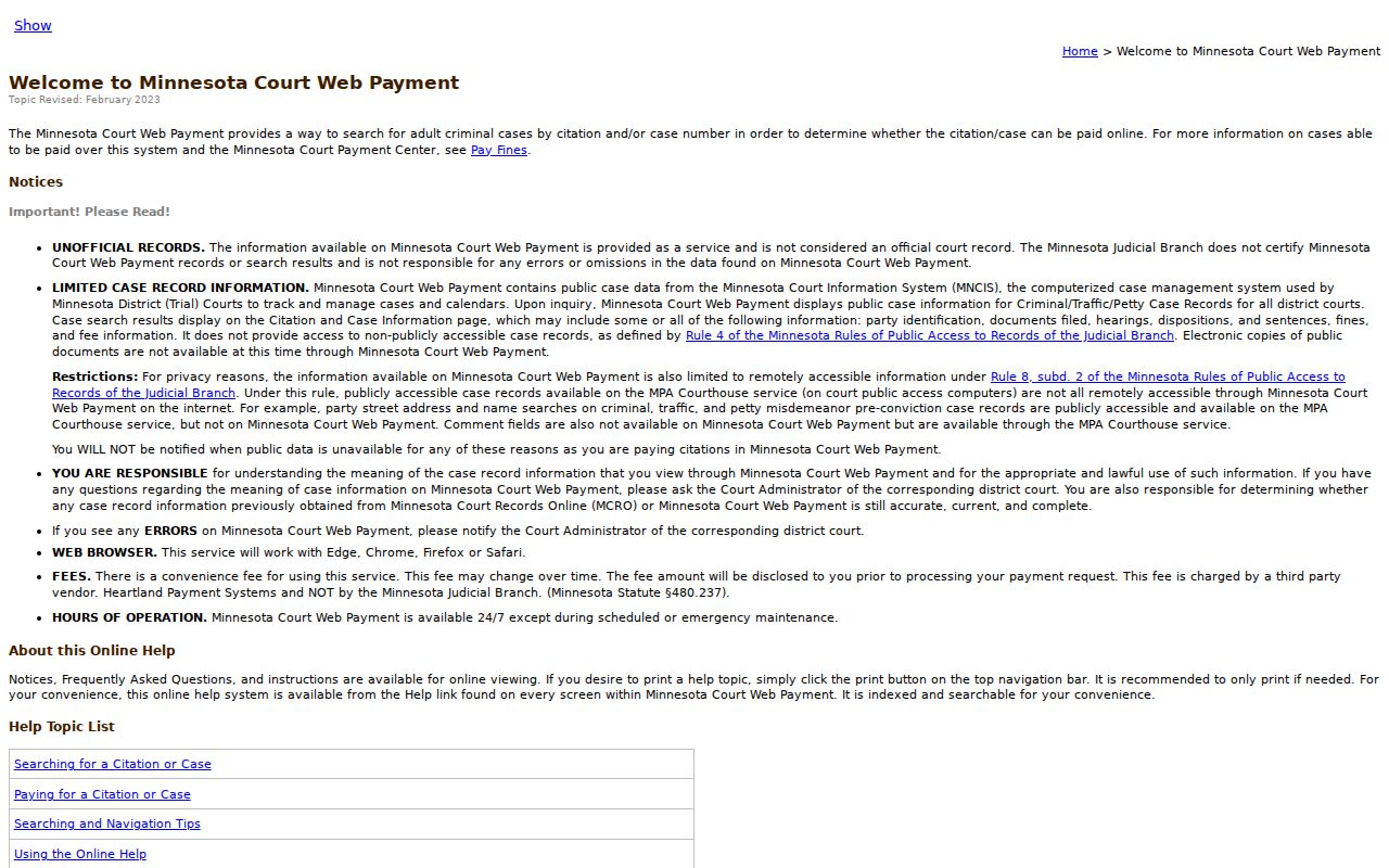 Goodhue County traffic tickets Court Web Payment help information
