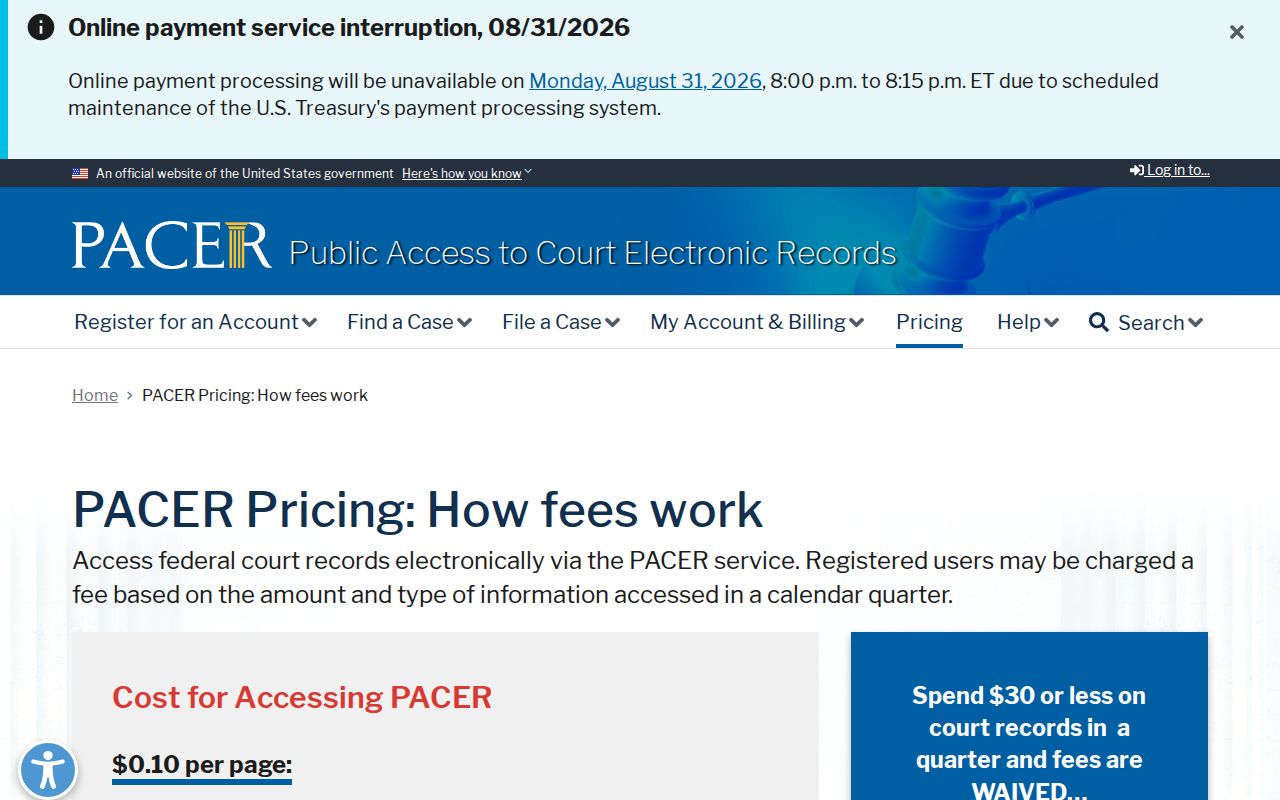 Lake City court docket search federal PACER pricing reference