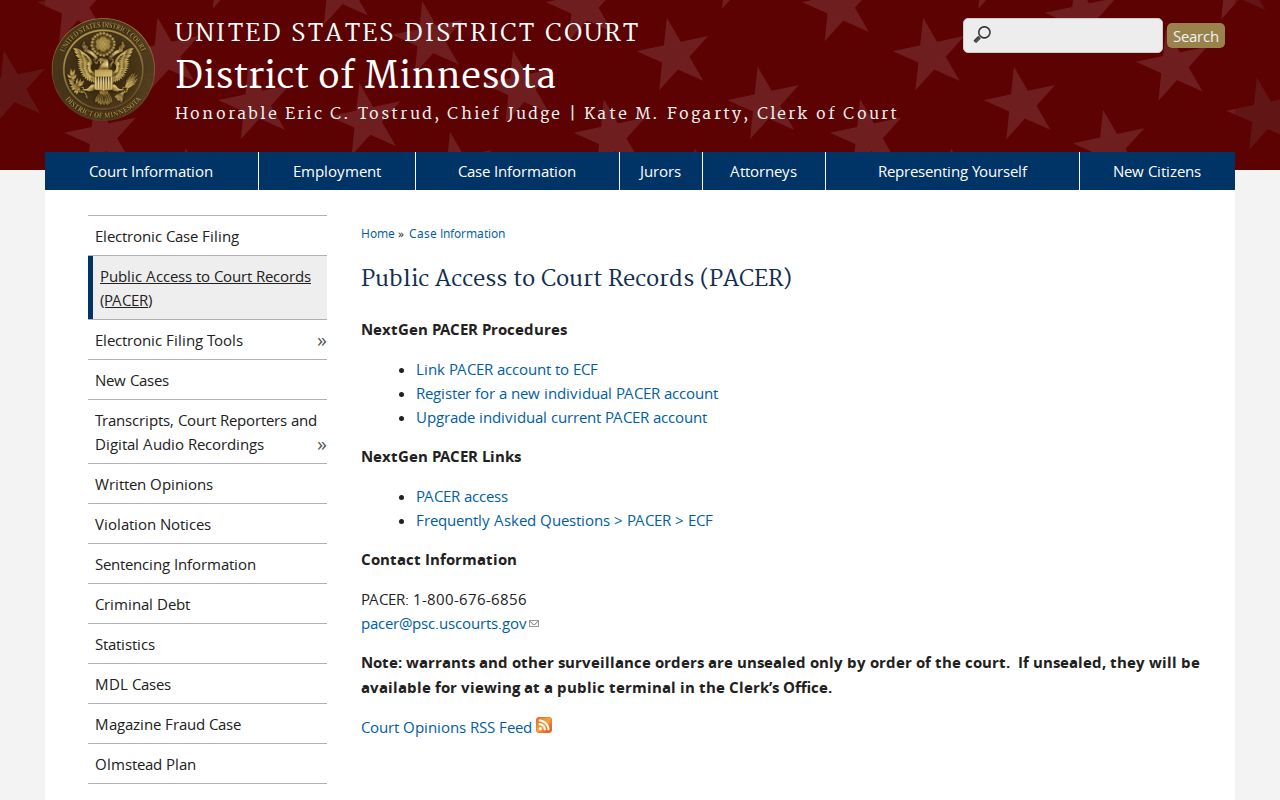 Red Wing court docket search federal PACER access reference