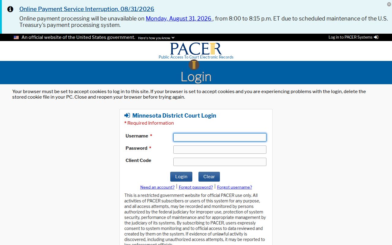 Red Wing court docket search federal CM ECF reference